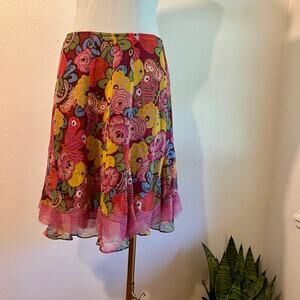 Cynthia Steffe Silk USA Made Multi Colored Retro Floral Lace Trim Skirt Size 6